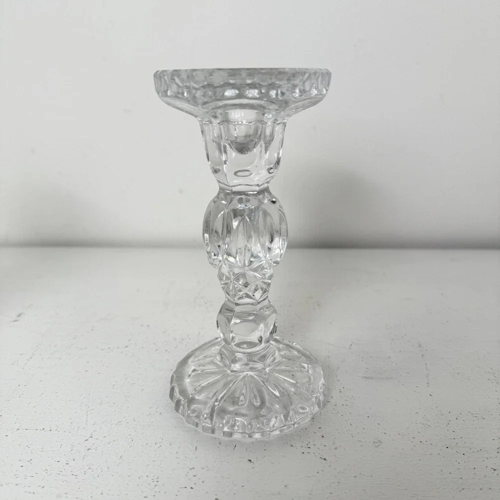 Candlestick Holders Clear Crystal Glass Set of 2‎ Elegant Faceted Design